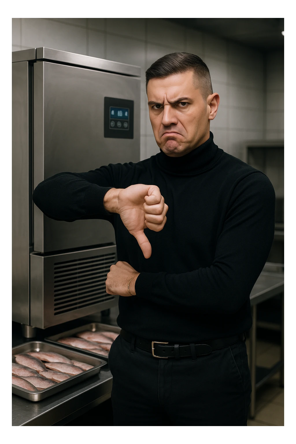 a man stands in front of a commercial fish blast freezer (abbattitore), arms crossed and a displeased, skeptical expression on his face. He shakes his head or gives a thumbs down, clearly rejecting the use of the freezer. The background shows a professional kitchen or fish processing area, with trays of fish ready for freezing. in italiano sticker