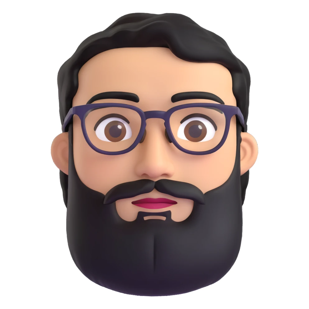 man with medium black beard, black hair, connected eyebrows, olive tan skin, brown eyes, and glasses sticker