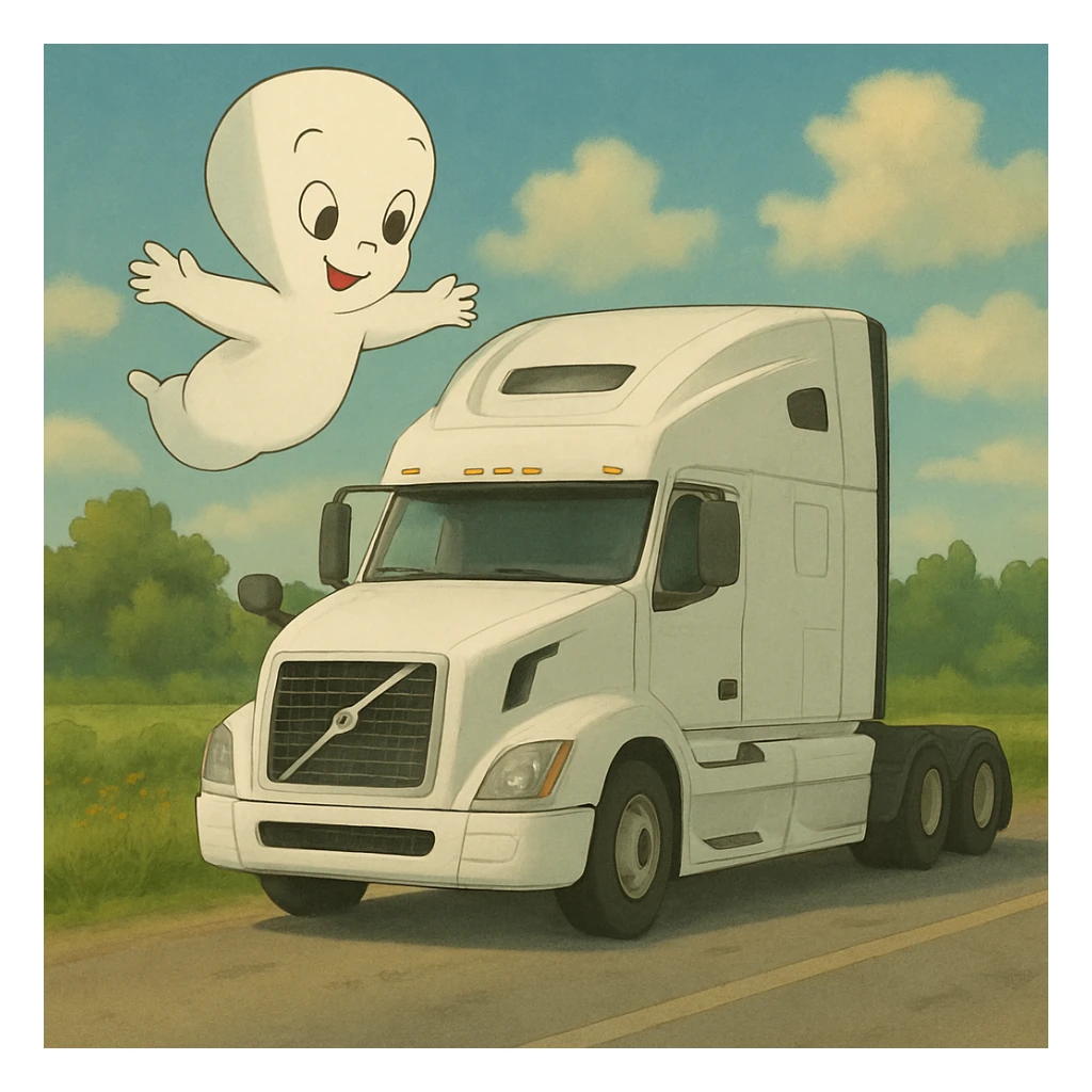Change the semi truck to white, keep Casper the ghost floating above in ghibli style. sticker