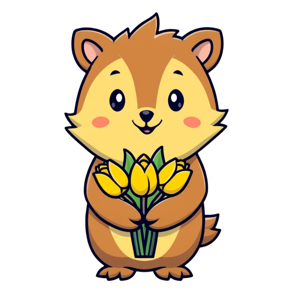 adorable hedgehog with a bouquet of yellow tulips sticker