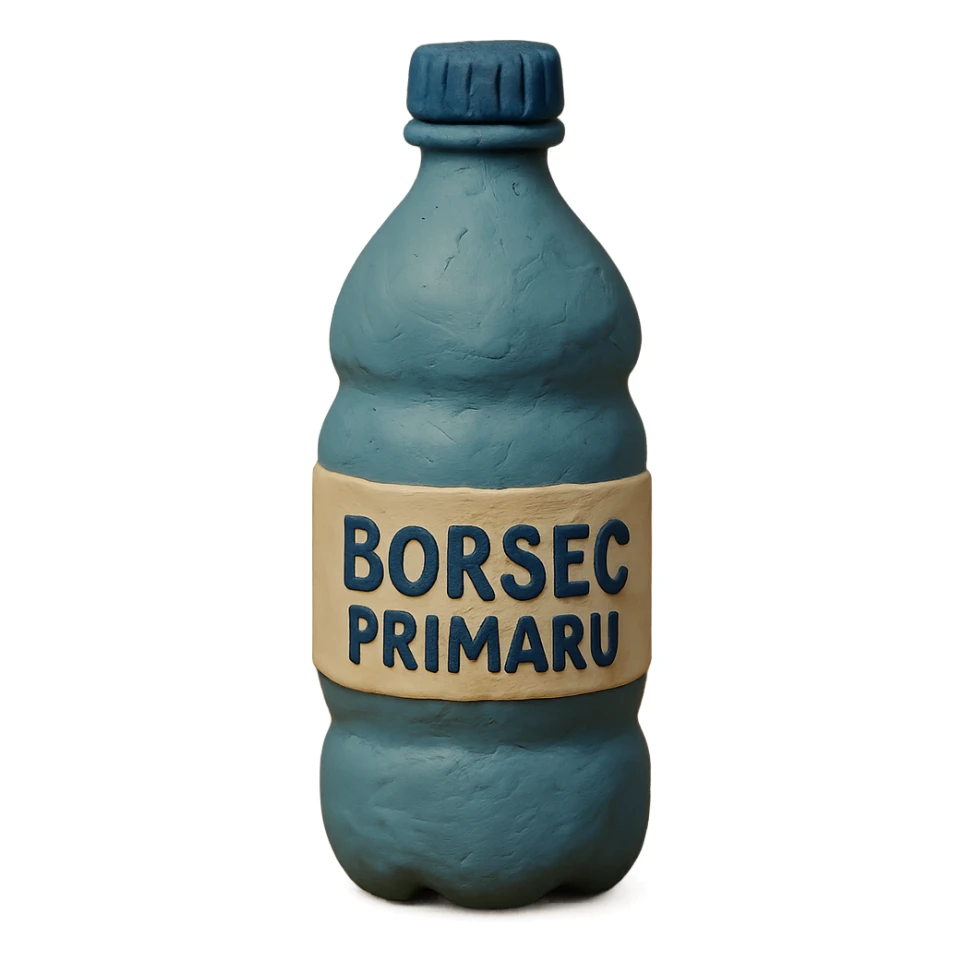 claymation style bottle of water with a label that says 'BorsecPrimaru' sticker