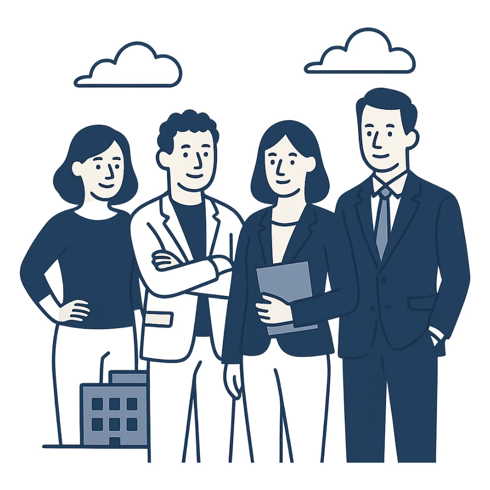 agency team, professional group, modern office, diverse people, clean background, flat blue illustration style sticker