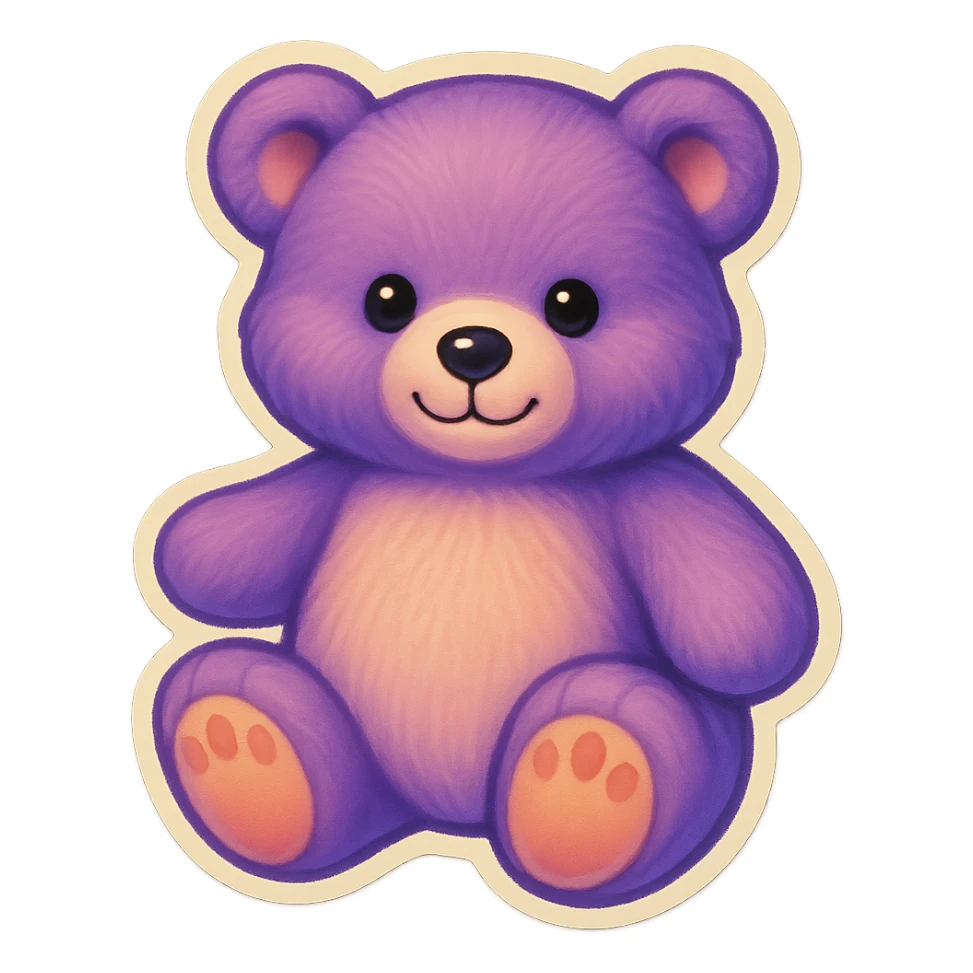 Remove the glitter effect from the purple and white teddy bear's fur, keep it soft and plush, no shadows, flat lighting, no background. sticker