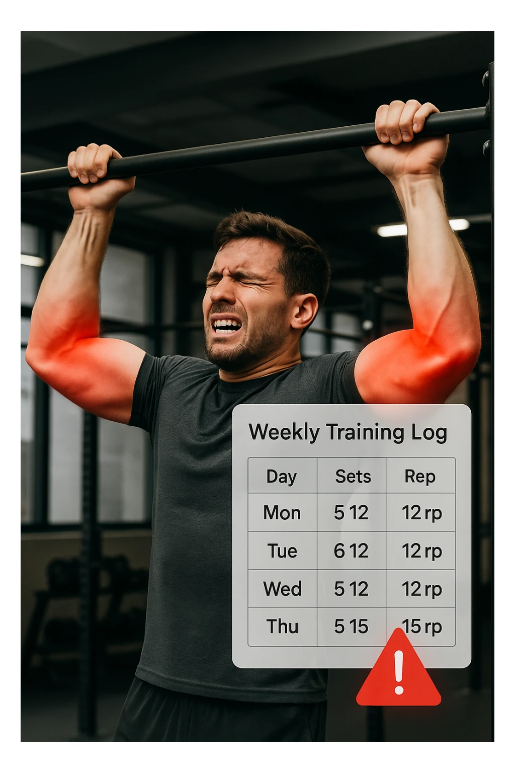 a man in gym attire performs pull-ups on a bar, with his elbows highlighted in bright red to indicate inflammation. A digital overlay shows a weekly training log with high numbers of sets and reps, and a warning icon appears next to the log. The man’s face shows pain and fatigue. The background is a modern gym, emphasizing the link between excessive training volume and injury. scritto in italiano sticker