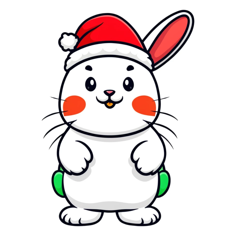 fluffy white angora rabbit wearing red and green Christmas hat being held sticker