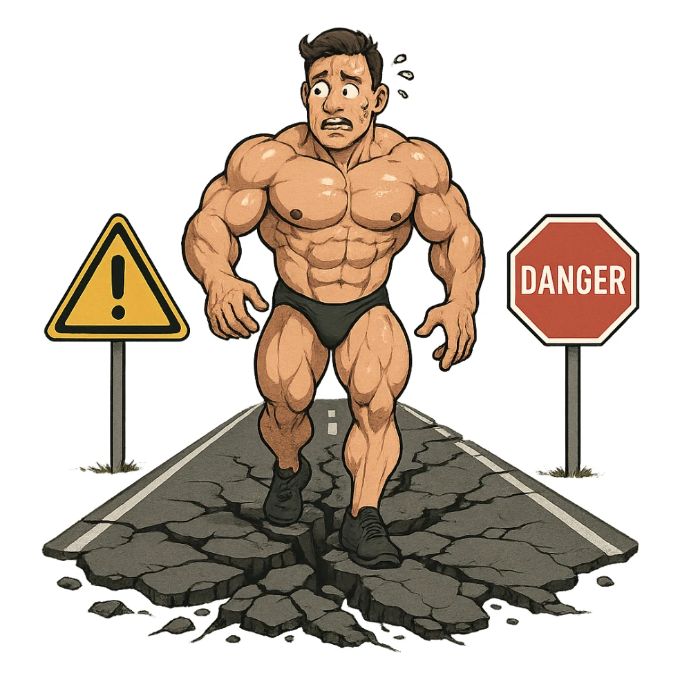 bodybuilder walking on a road that is breaking under his feet, risk and danger symbols on the sides, scared expression, isolated on white background sticker