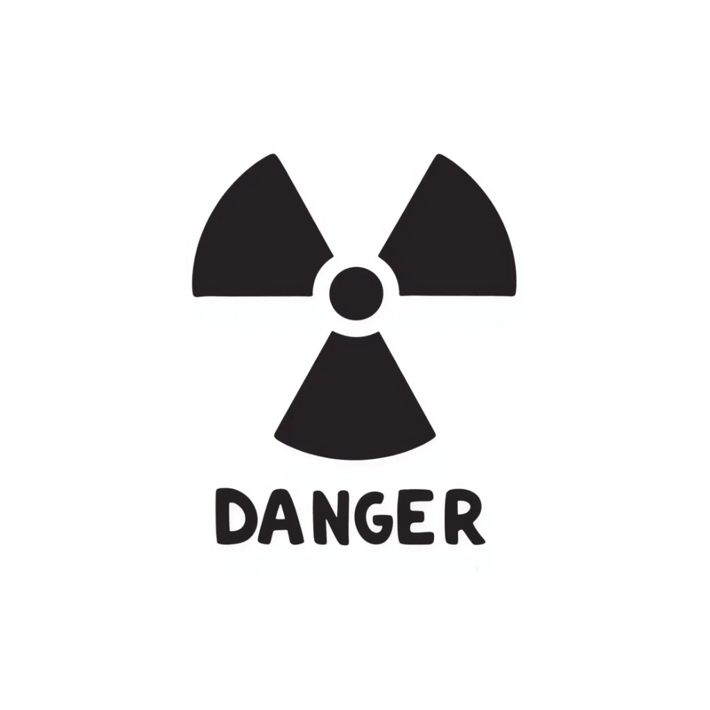 Hand-drawn radiation warning trefoil symbol with hazard text sticker