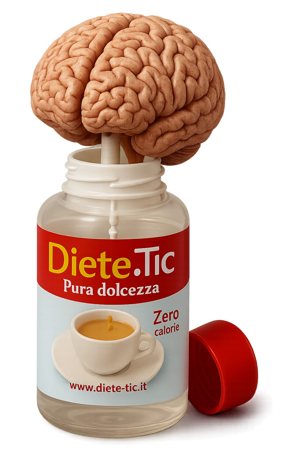 boccetta di dolcificante aperta da cui dentro esce un cervello anatomico umano, iperrealistico 4k sticker