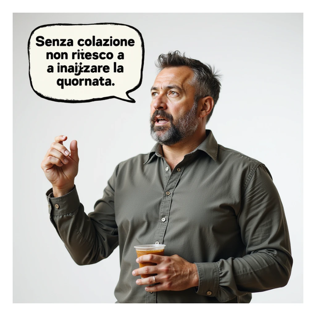 hyperrealistic 4K man isolated on white background, speech bubble saying 'Senza colazione non riesco a iniziare la giornata', relieved expression, realistic details, different pose, variant 8 sticker