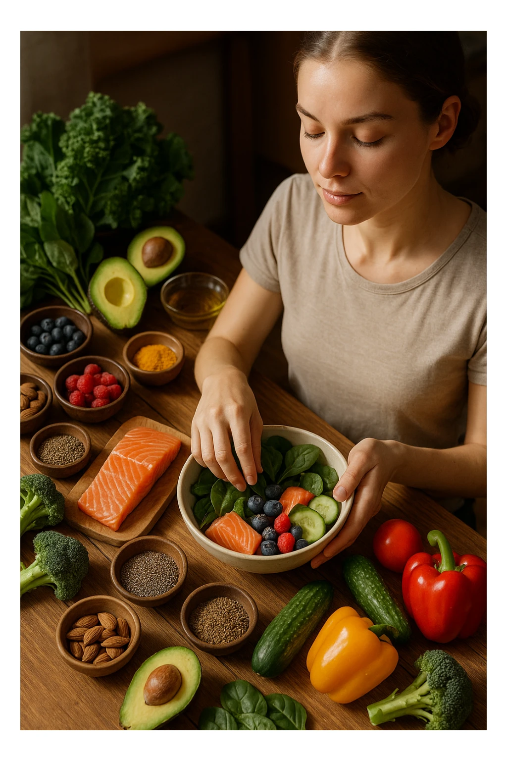 A realistic, cinematic flat-lay image of a clean wooden kitchen table filled with fresh, colorful whole foods known to help reduce androgen excess naturally. The table includes leafy greens like spinach and kale, avocados, berries, colorful vegetables, nuts, seeds (chia and flaxseeds), wild-caught salmon, and herbal teas, carefully arranged in an aesthetically pleasing, organized manner. A small glass bowl with olive oil and another with turmeric powder are included, emphasizing anti-inflammatory properties. In the scene, a young woman with clear, healthy skin and a calm expression is preparing a bowl with these ingredients, symbolizing a hormone-balancing diet. Warm, natural daylight streams in, creating a cozy and inviting atmosphere. The style is hyper-realistic 35mm photography, with vibrant yet soft colors, showcasing textures of the fresh produce and the peaceful vibe of using nutrition to support hormonal balance sticker