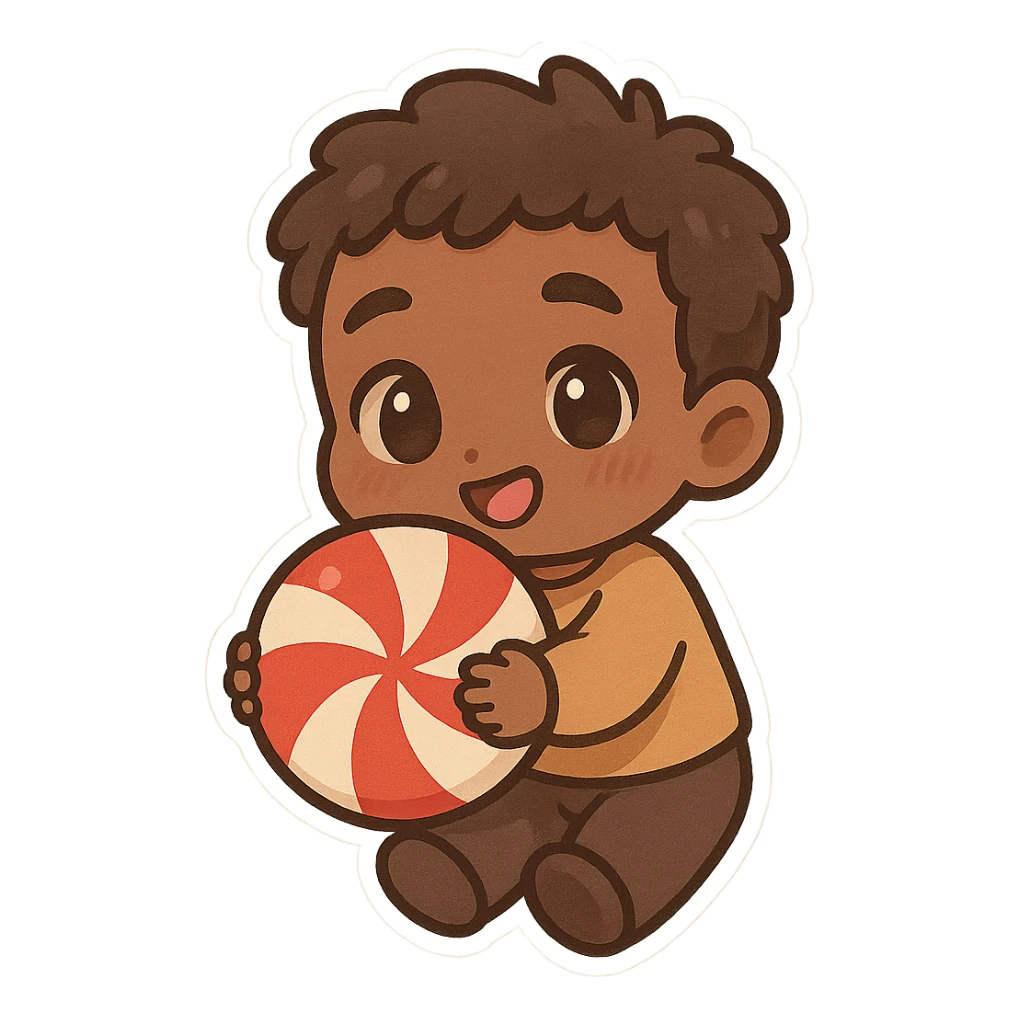 brown male chibi character holding a peppermint candy, cute and playful style sticker