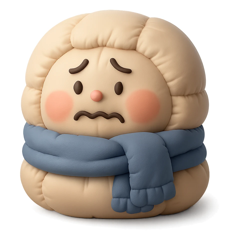 plush face with rosy cheeks, wrapped in a thick scarf, shivering, cold weather sticker