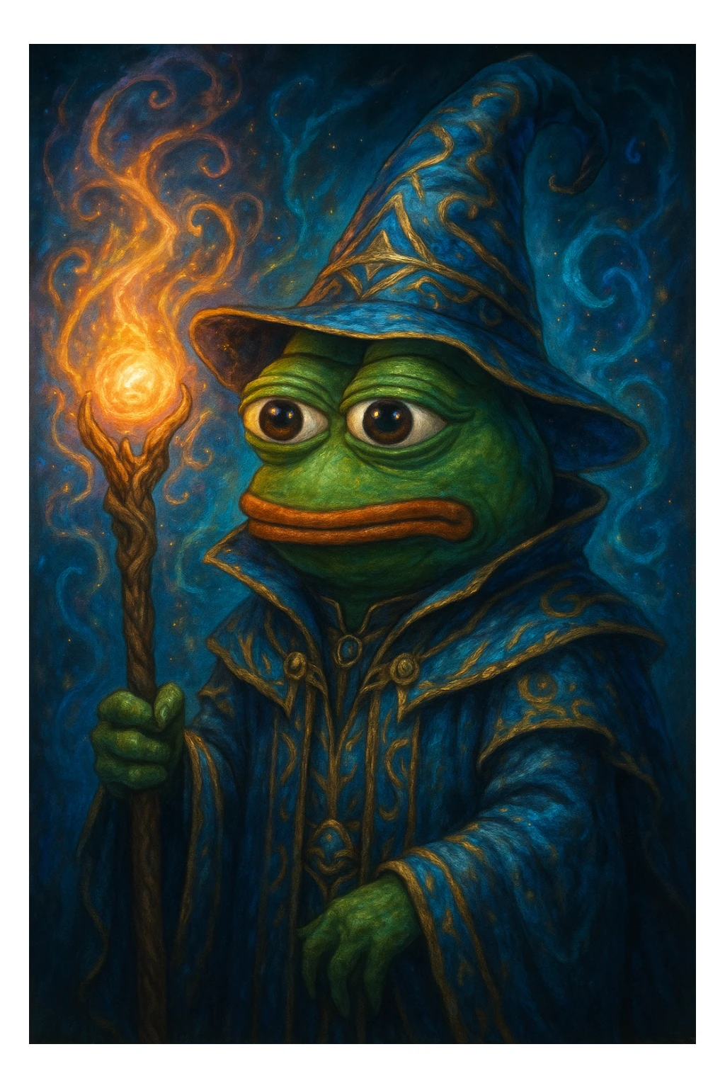 Pepe the Frog as a fantasy wizard, glowing staff, magical aura sticker
