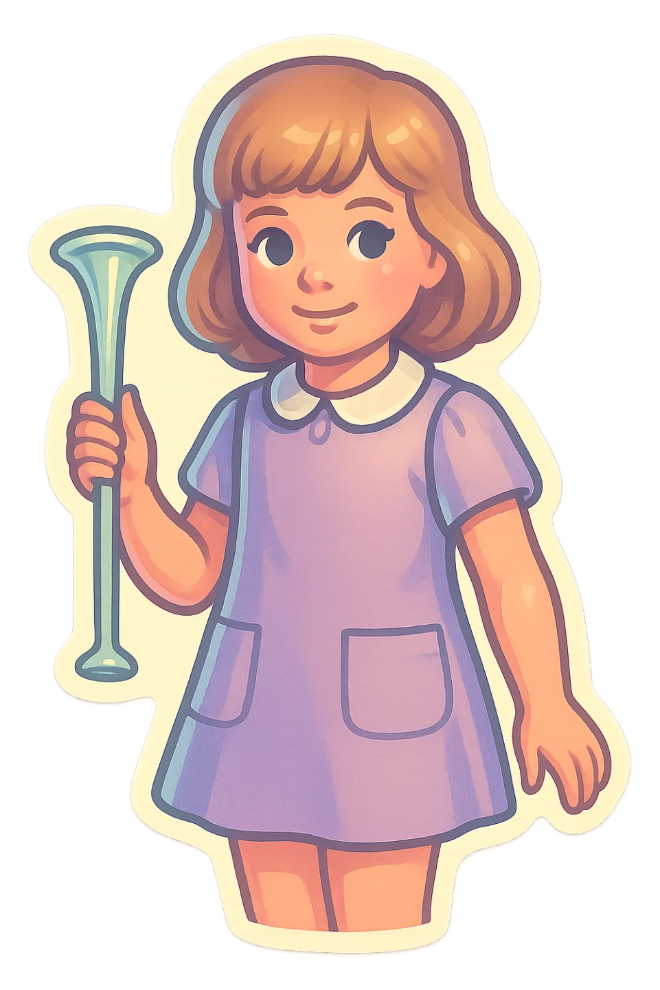 girl with appearance and clothing like the reference, holding an obstetric stethoscope in one hand, other hand down, detailed shadows and highlights, thin clean contours, soft rounded shapes, pastel palette #98B5BC, #B5B3C1, #C9A3C9, #E4C0CA, #F7DCD1, #F7C0AA, soft lighting, transparent background, no decorative elements, reference: https://attic.sh/jau3edb21wpllq8y3t37clkve1d7 sticker
