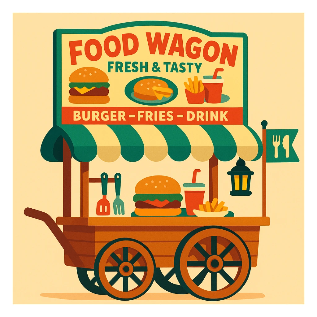classic food wagon wooden with two large spoked wheels, pull handle, curved green and cream striped canopy, top signboard reading 'Food Wagon' in bold red, 'Fresh & Tasty', 'Burger – Fries – Drink', burger and food plate illustrations, utensils hanging from frame, black lantern at back, green flag with fork and knife icons at front, soft friendly nostalgic style sticker