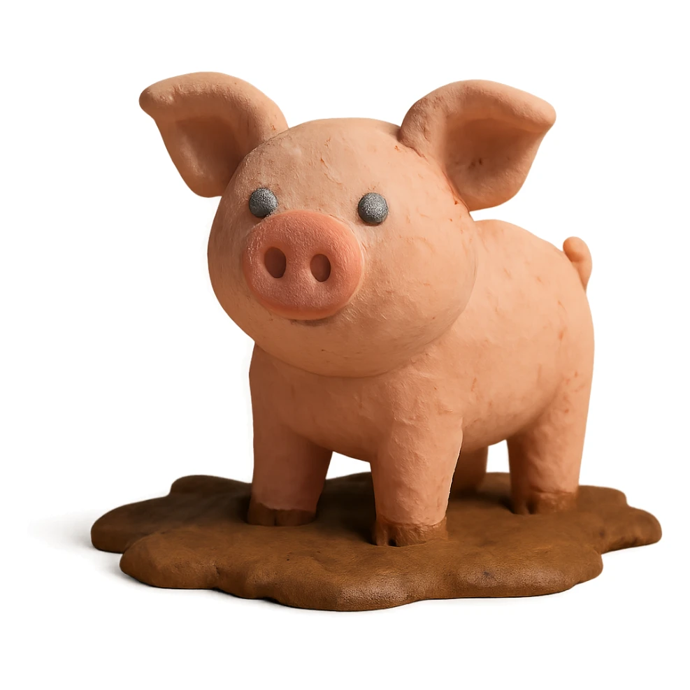 pig standing in mud, pastel colors, visible fingerprints, claymation style sticker