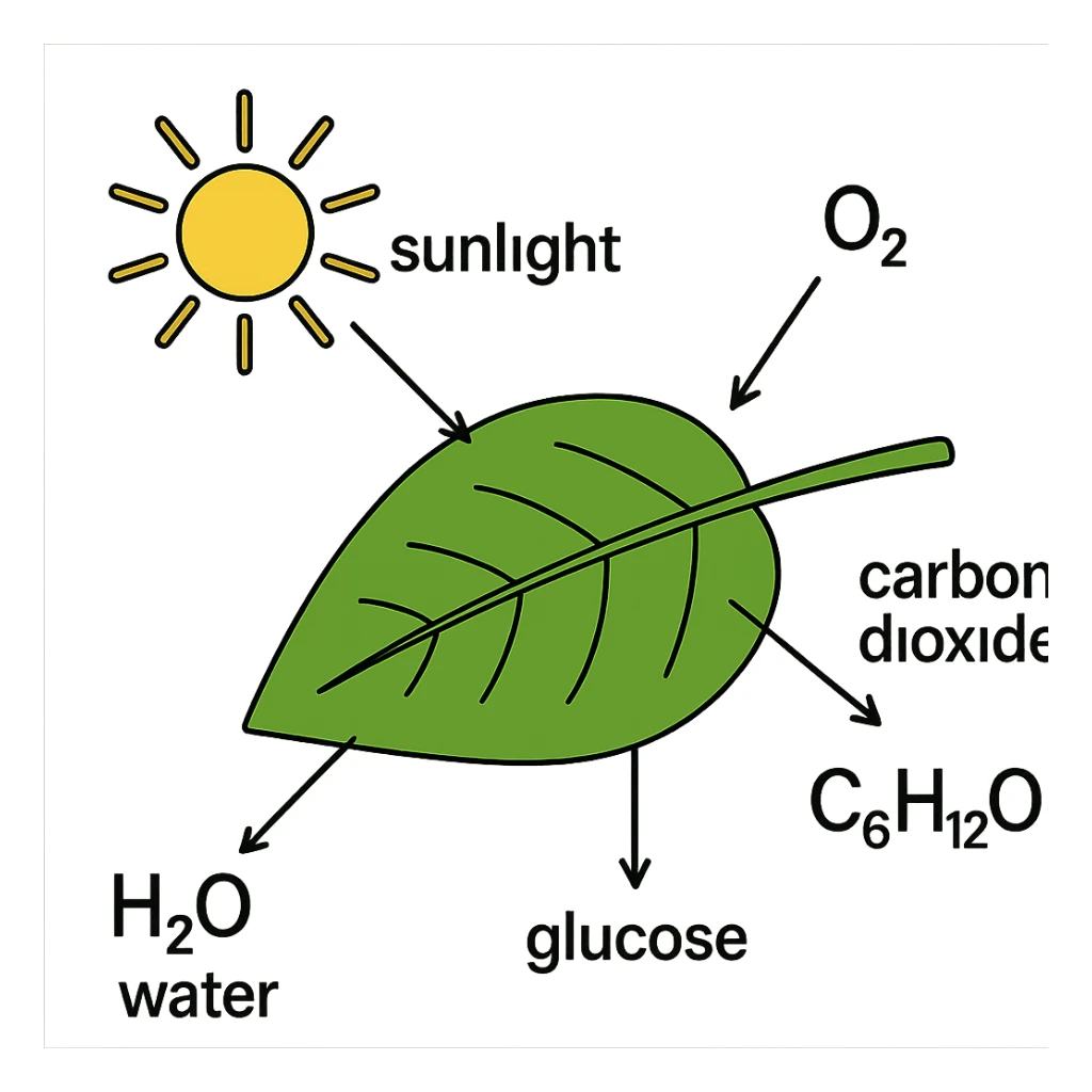 A highly scientific, labeled diagram of the full photosynthesis process, showing sunlight, water, CO2, O2, glucose, and arrows for each step, with clear scientific labeling, no background, transparent background sticker
