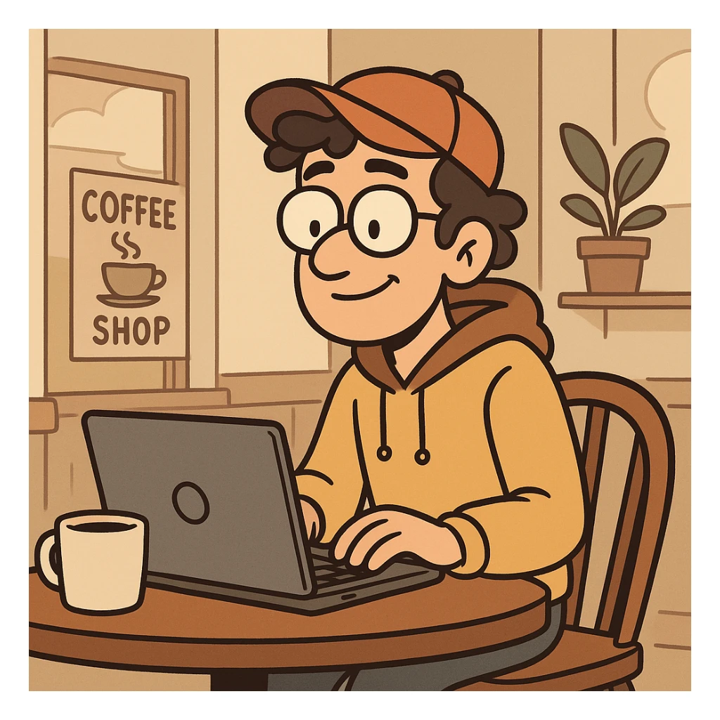 a freelancer at a coffee shop with a laptop, cozy style sticker
