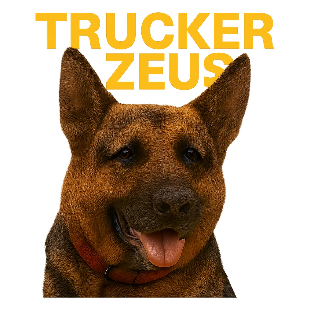 Reduce the image file size as much as technically possible, even if it lowers image quality, while keeping the background fully transparent, the realistic German Shepherd, and yellow 'Trucker Zeus' text. sticker