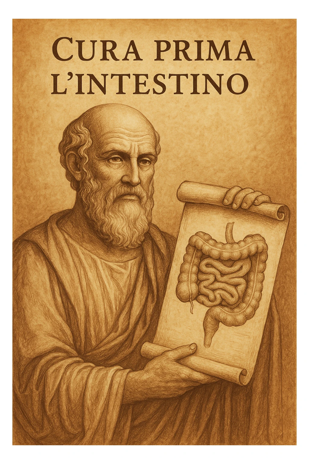 Vertical format: Hippocrates holding an ancient scroll with a drawing of an intestine, wise expression, Italian text: 'Cura prima l’intestino.' sticker