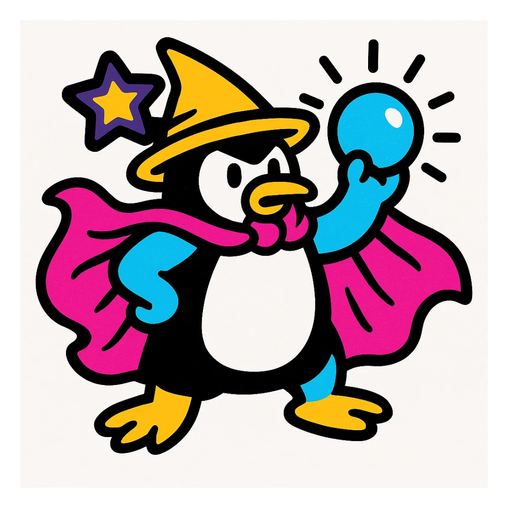 Add a magical star accessory inspired by the black star in the first reference image to the penguin wizard's hat. The star should look like a magical emblem, bold and colorful in style, matching the vibrant toon style. sticker