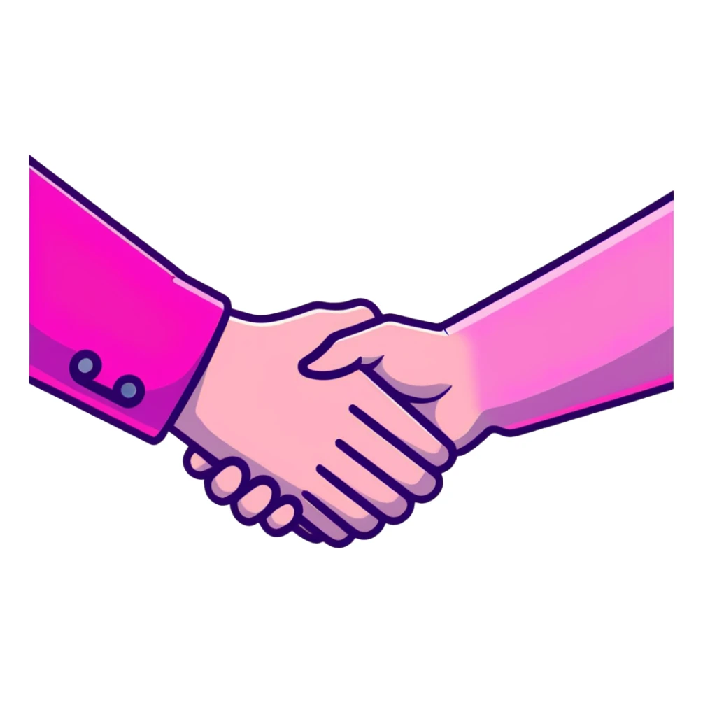 handshake, transparent glass with bright pink gradient from #FF335F to #FF99AA, soft glow and shadows, minimalistic sticker