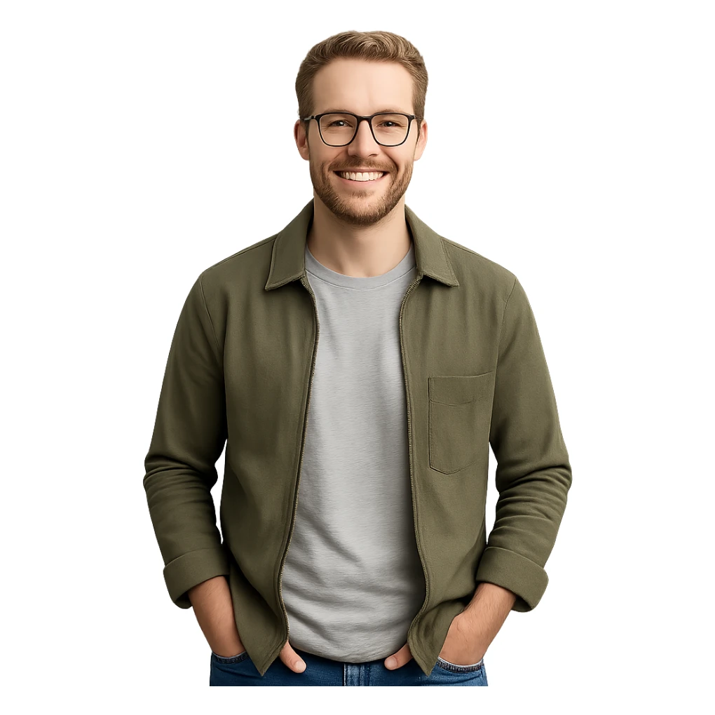 a German man in modern casual style smiling sticker