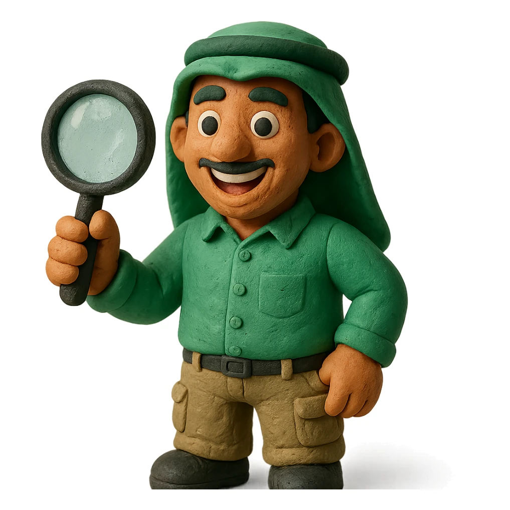 Create a realistic emoji character named Master Hunt. He is a Saudi young adult ,a button-up shirt and cargo pants. In one hand, he holds a magnifying glass, and he has an enthusiastic smile on his face. The background should be transparent , positive work culture. sticker