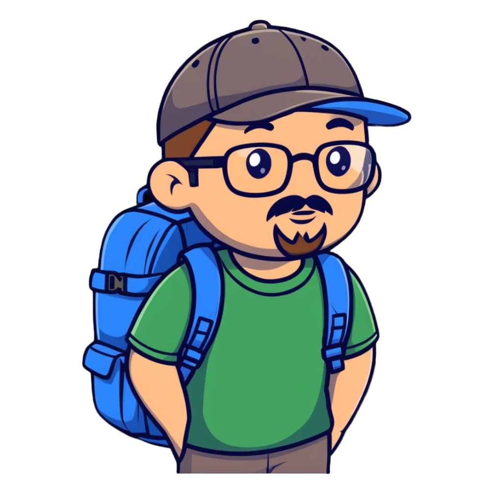 adventurer with goatee beard (no beard on cheeks), short hair, glasses, backwards baseball cap and backpack sticker