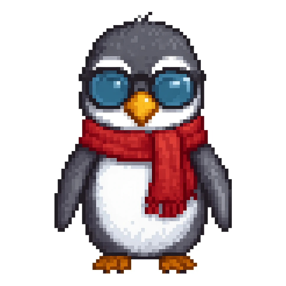 Add a red scarf to the penguin in pixel art style, with no background. Maintain the pixel art aesthetic and details. sticker