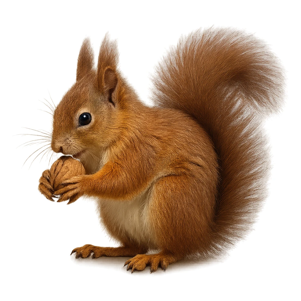 realistic red squirrel with clear fur texture cracking a nut, no background sticker