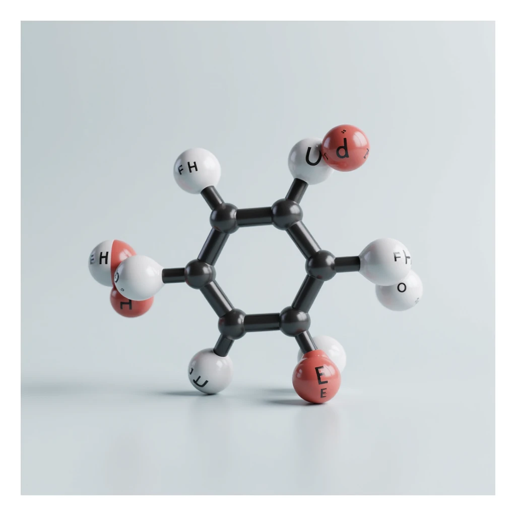 3D detailed hyperrealistic scientific illustration of Triiodothyronine (T3) molecule with labeled main atoms iodine, carbon, oxygen on neutral background, 4K resolution sticker