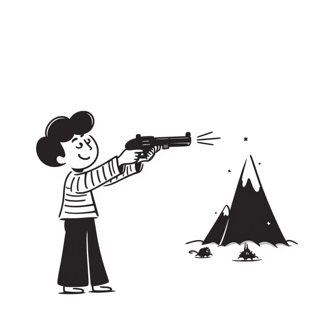 Hand drawn little guy with a toy gun shooting at a mountain with tiny goons sticker