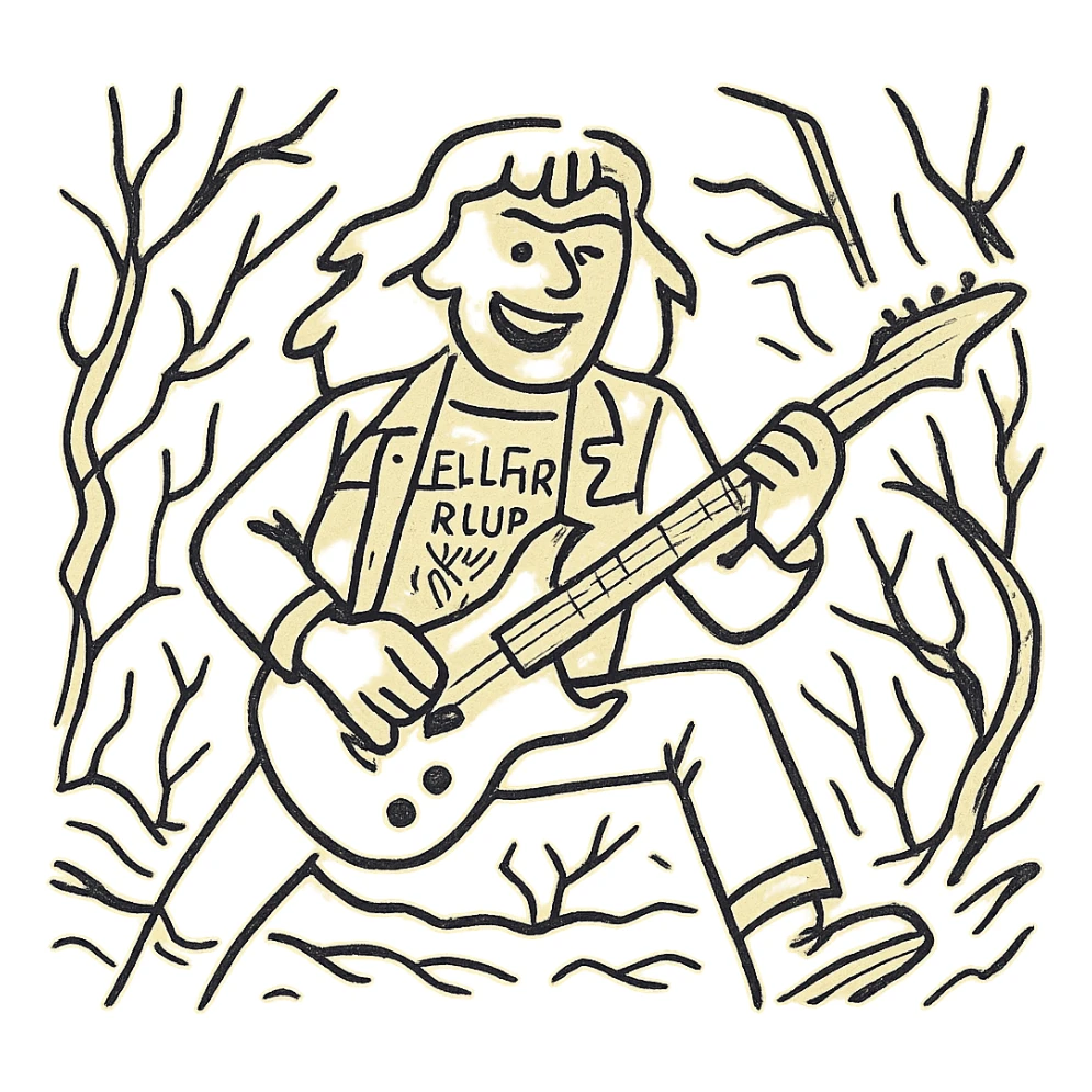 Eddie Munson from Stranger Things in the Upside Down, vibrant toon style with hand-drawn sketchy lines, wide aspect ratio (16:9), dramatic supernatural background, expressive and irregular contours. sticker