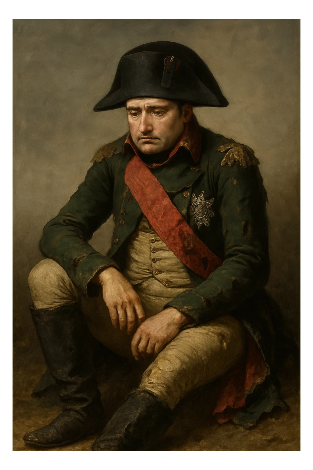 Сгенерируй мне этого наполеона, он в чуть-чуть рваной одежде, сидит и грустит. Он полностью помещается в кадр и не обрезается краями изображения. Сидит он на земле sticker