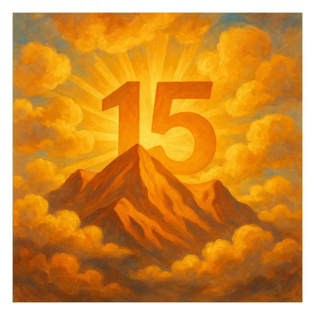 Add fluffy clouds to the scene, keeping the sunshine rising from mountains with the number 15 visible and integrated, in a painterly style. The style should resemble painterly brush strokes with rich texture and color blending. sticker