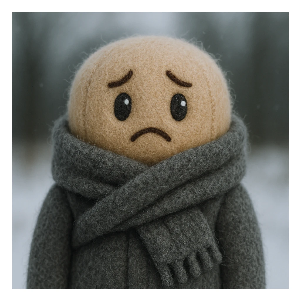 plush face bundled in a scarf, shivering, cold weather, cozy, soft texture sticker