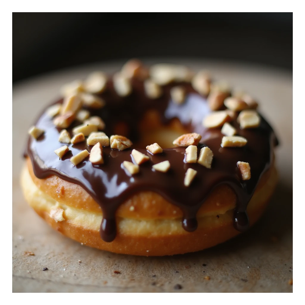 realistic glazed donut, soft lighting, appetizing, chocolate glaze with chopped nuts, on white background sticker