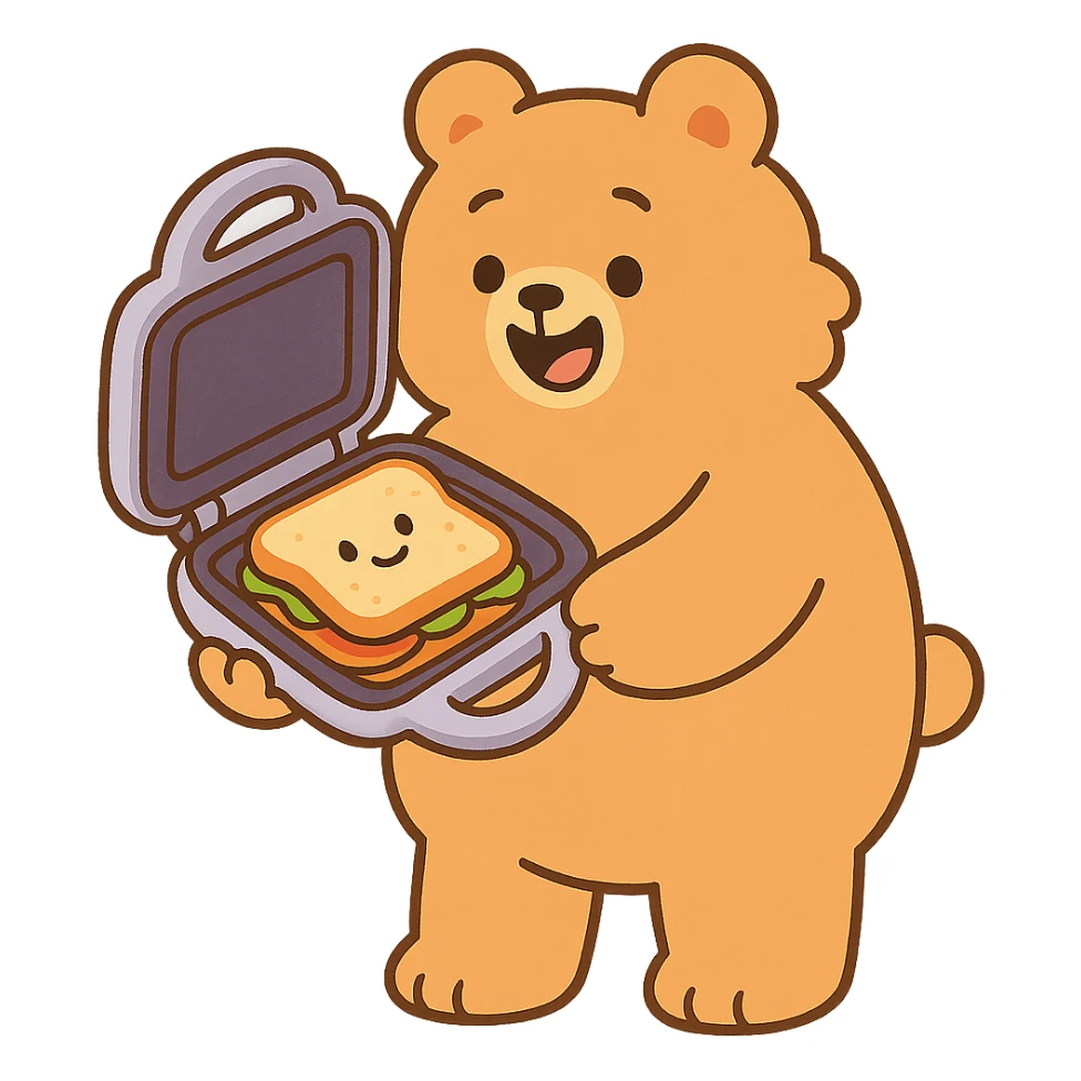 cute soft fluffy sandwich maker bear opening with a cute sandwich inside creamy brown, full-body sticker