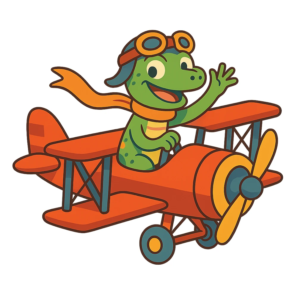 a lizard flying a vintage biplane, smiling, whimsical, cartoon style sticker