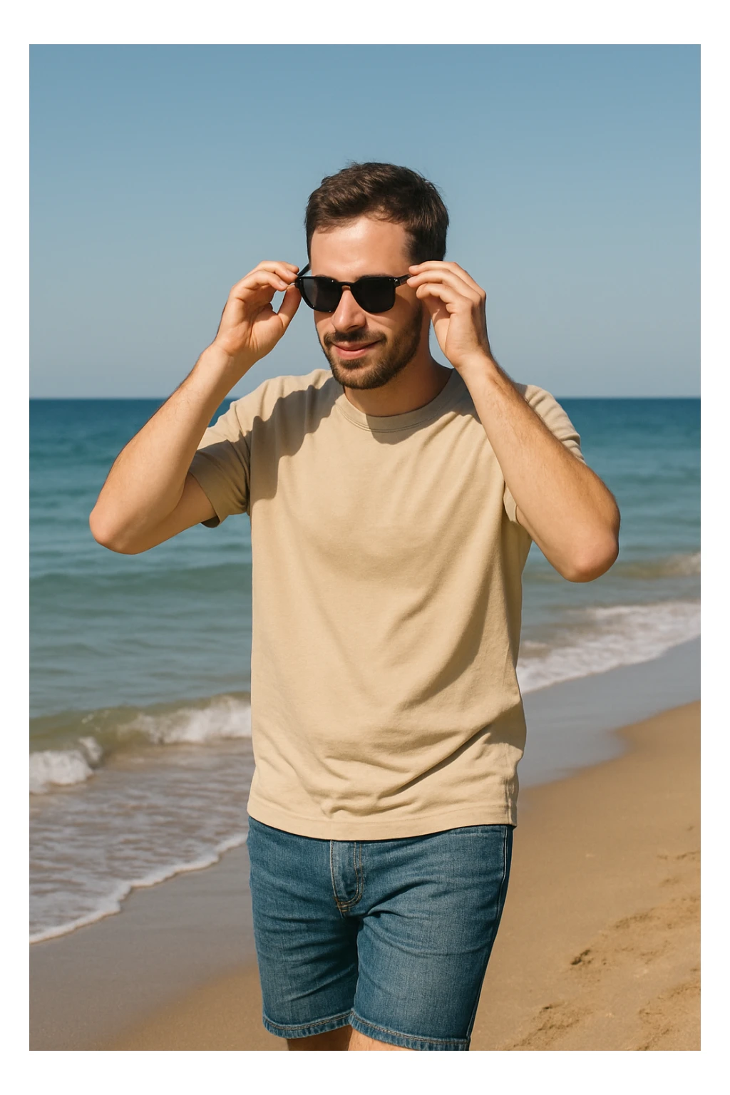 uomo passeggia a mare e si mette gli occhiali da sole sticker