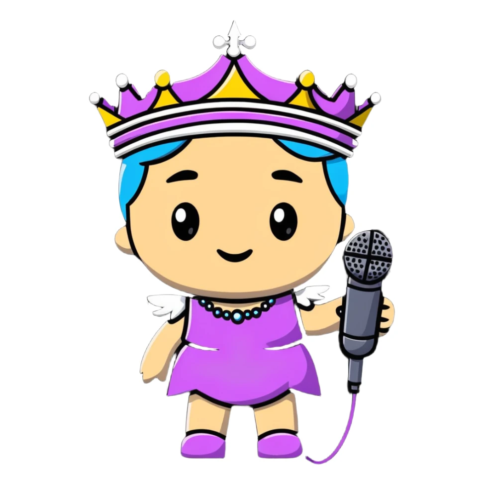 A rock and roll queen with a crown, microphone, and punk rock attitude sticker
