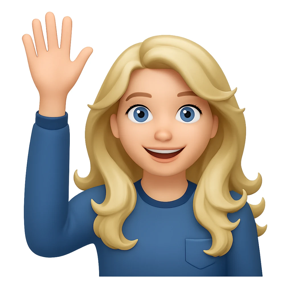Make her eyes blue, keep her as an 18 year old girl with long, wavy, dirty blonde hair waving, emoji style, friendly pose, with no background sticker