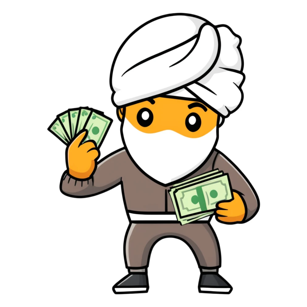 black robber holding cash, wearing a turban sticker