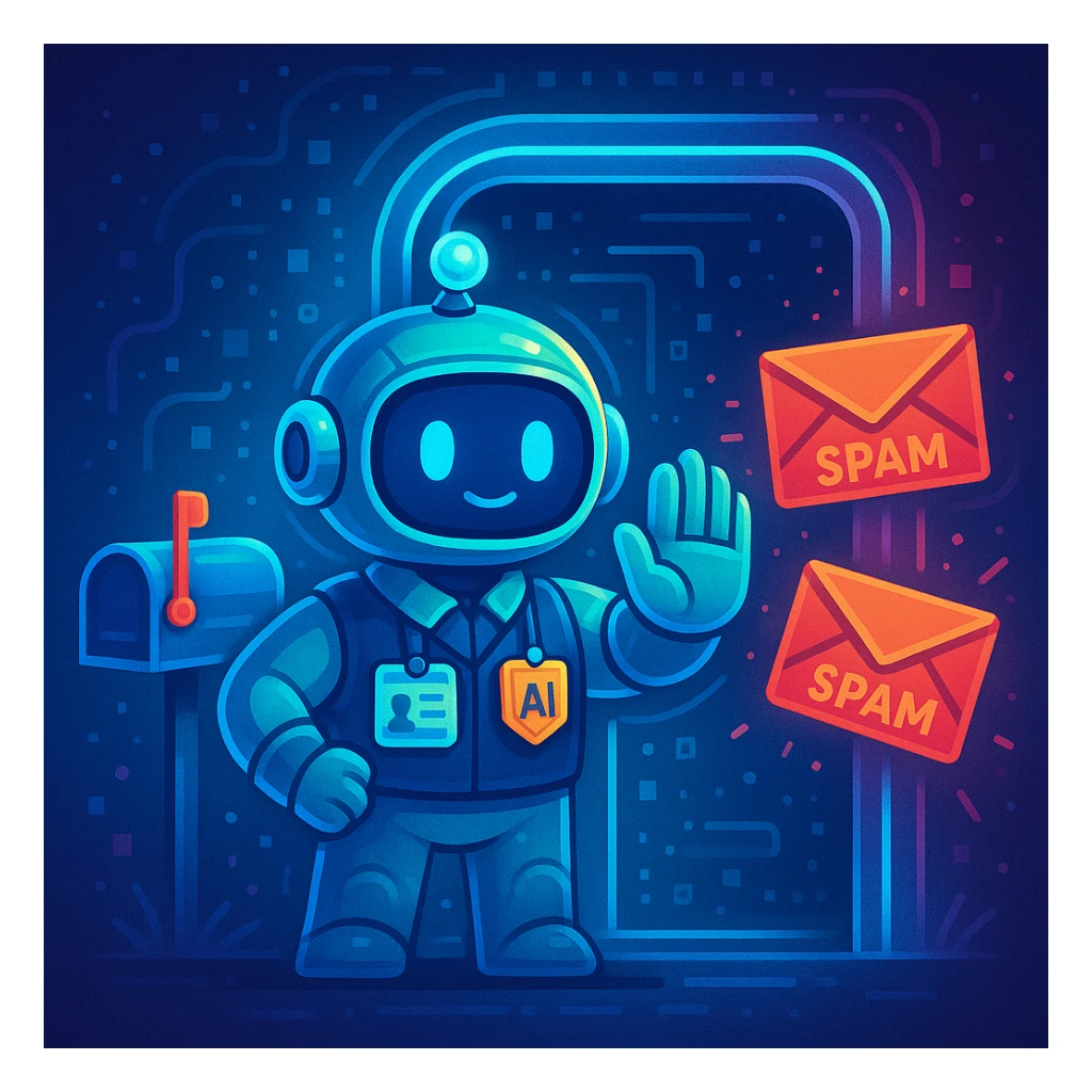A friendly AI character as an email bouncer agent, standing at a digital doorway with a mailbox, wearing a security badge, gently blocking spam emails, futuristic and approachable sticker
