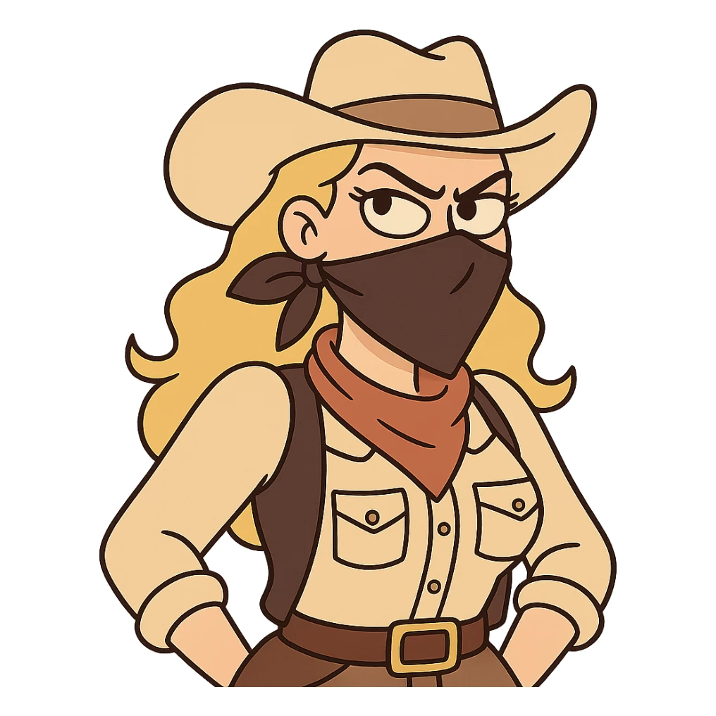 blonde woman wearing bandit outfit, bold expression, cartoon style sticker