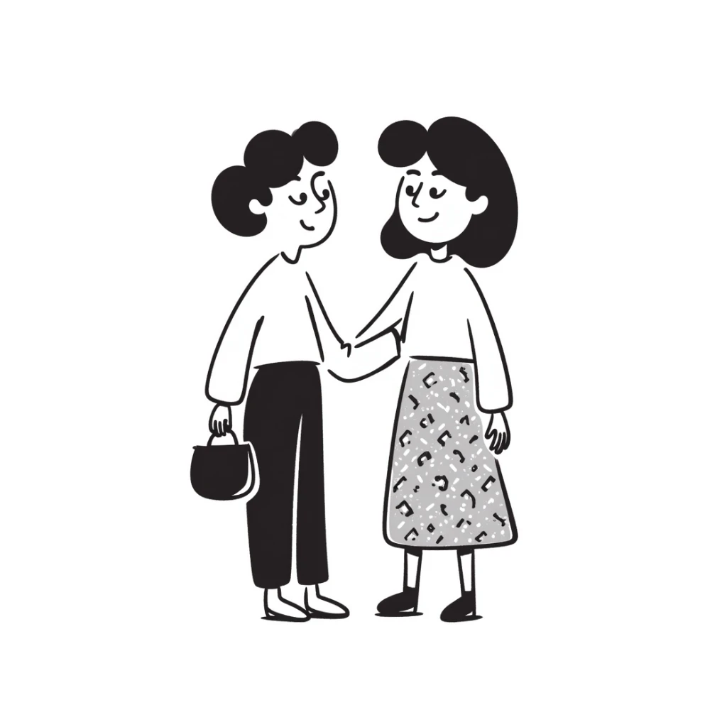 two women standing together, hand drawn illustration, simple sticker