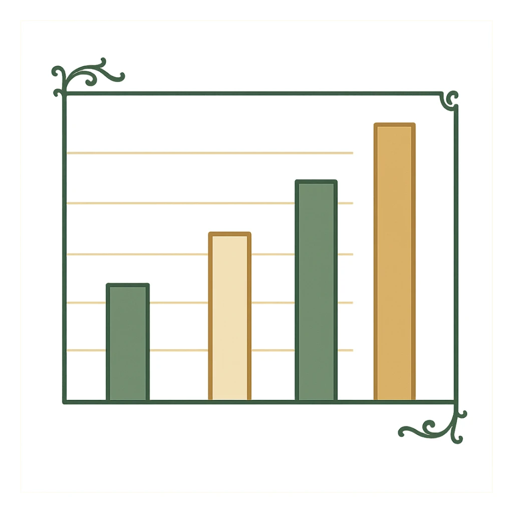 classic bar graph with green, gold, and white color scheme, elegant lines, decorative details, different bar heights, no background sticker
