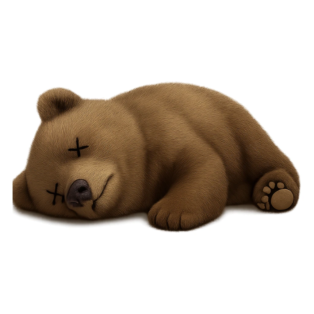 Make the bear appear dead, lying on its side with cartoon X's for eyes, no blood, keep the exact same photorealistic style and details, transparent background. sticker
