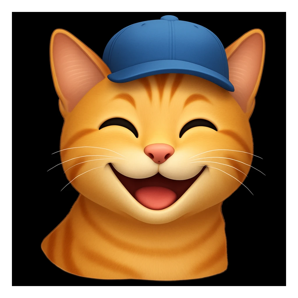 Change the cat's face expression to happy, keeping the blue cap, in emoji style. sticker